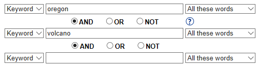 Screenshot of an advanced search screen this search: oregon AND volcano